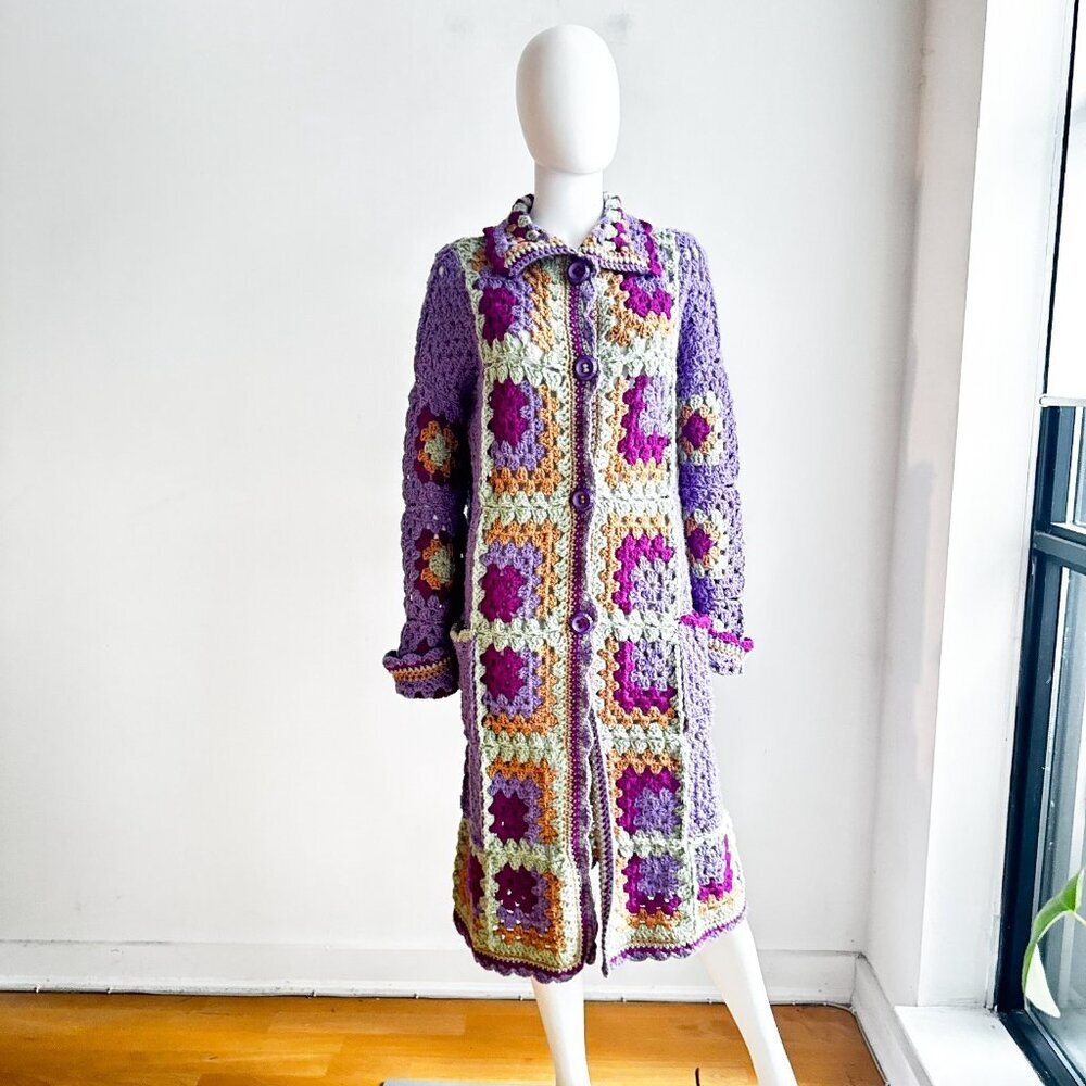 Handmade Lilac Colourful Granny Squares Crochet Long Cardigan L - Picture 2 of 7